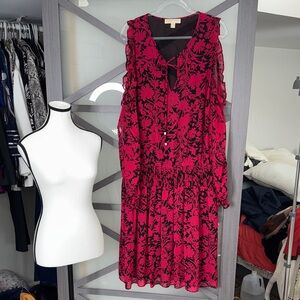 Michael Kors Red and Black Floral Midi Dress